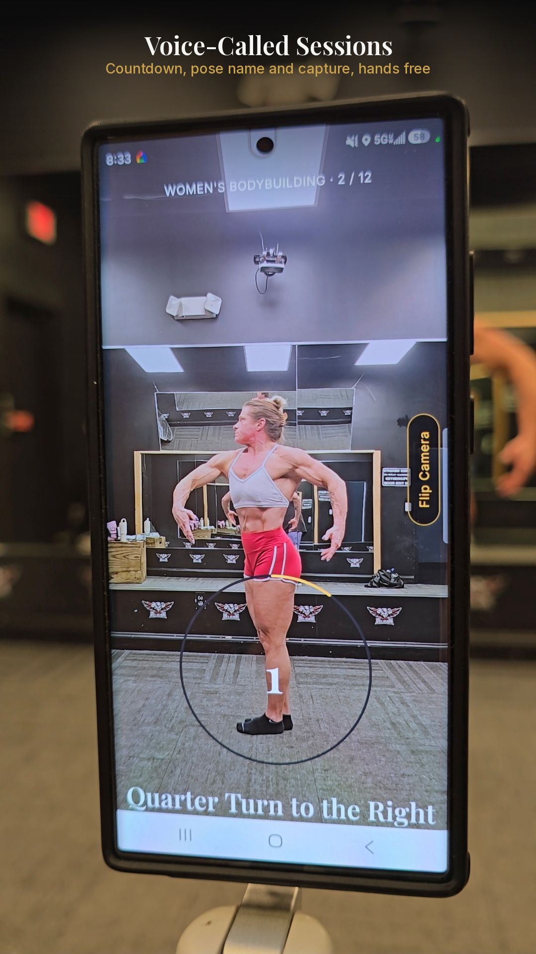 Voice-called posing session, countdown ring active